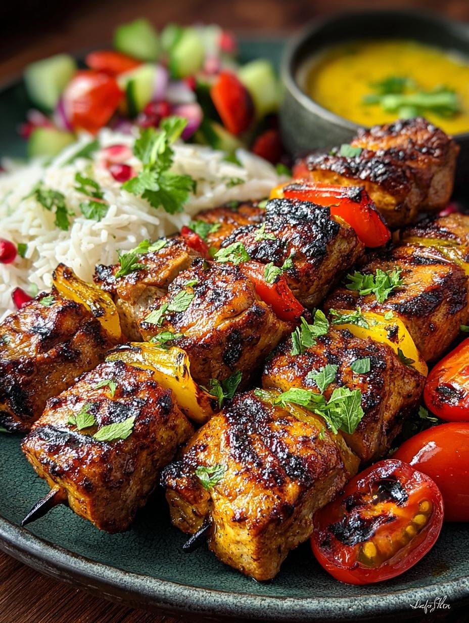 Smaakvolle Joojeh Kabab Koestlicher Genuss spiesjes met verse ingrediënten, klaar om gegrild te worden voor een onvergetelijke Perzische maaltijd.