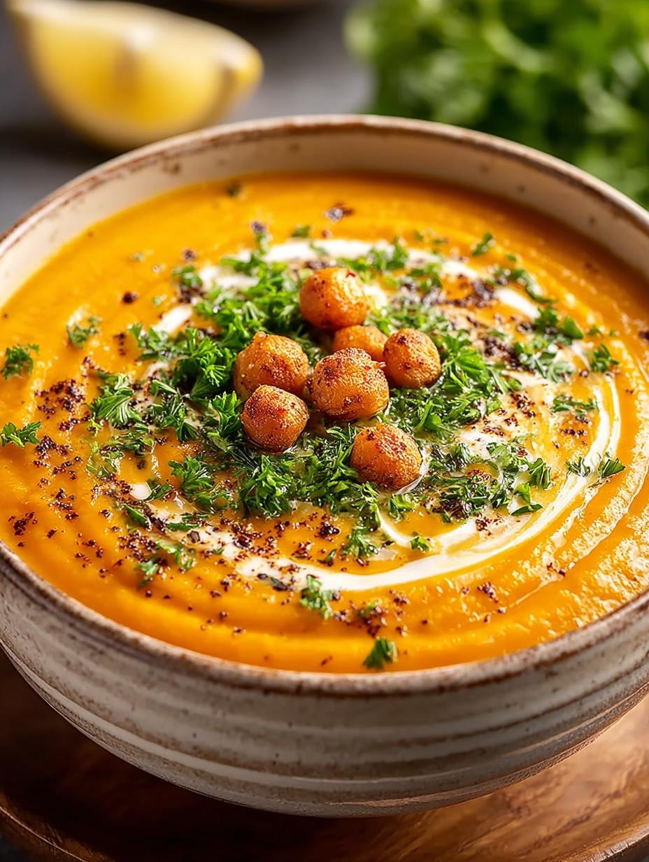 Kom Karotten Miso Suppe Cremig met verse peterselie en sesamzaadjes als garnering