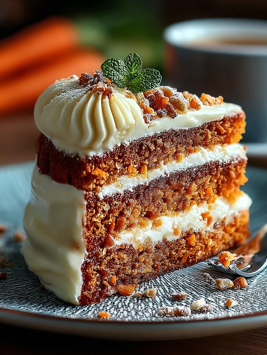 Close-up van een plak Karottenkuchen Rueblikuchen Oder Moehrenkuchen met roomkaasglazuur en walnoten