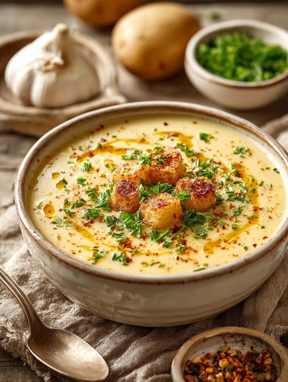 Heerlijke Klassieke Kartoffelcremesuppe Waermend Einfach, romig en gegarneerd met verse peterselie in een rustieke kom