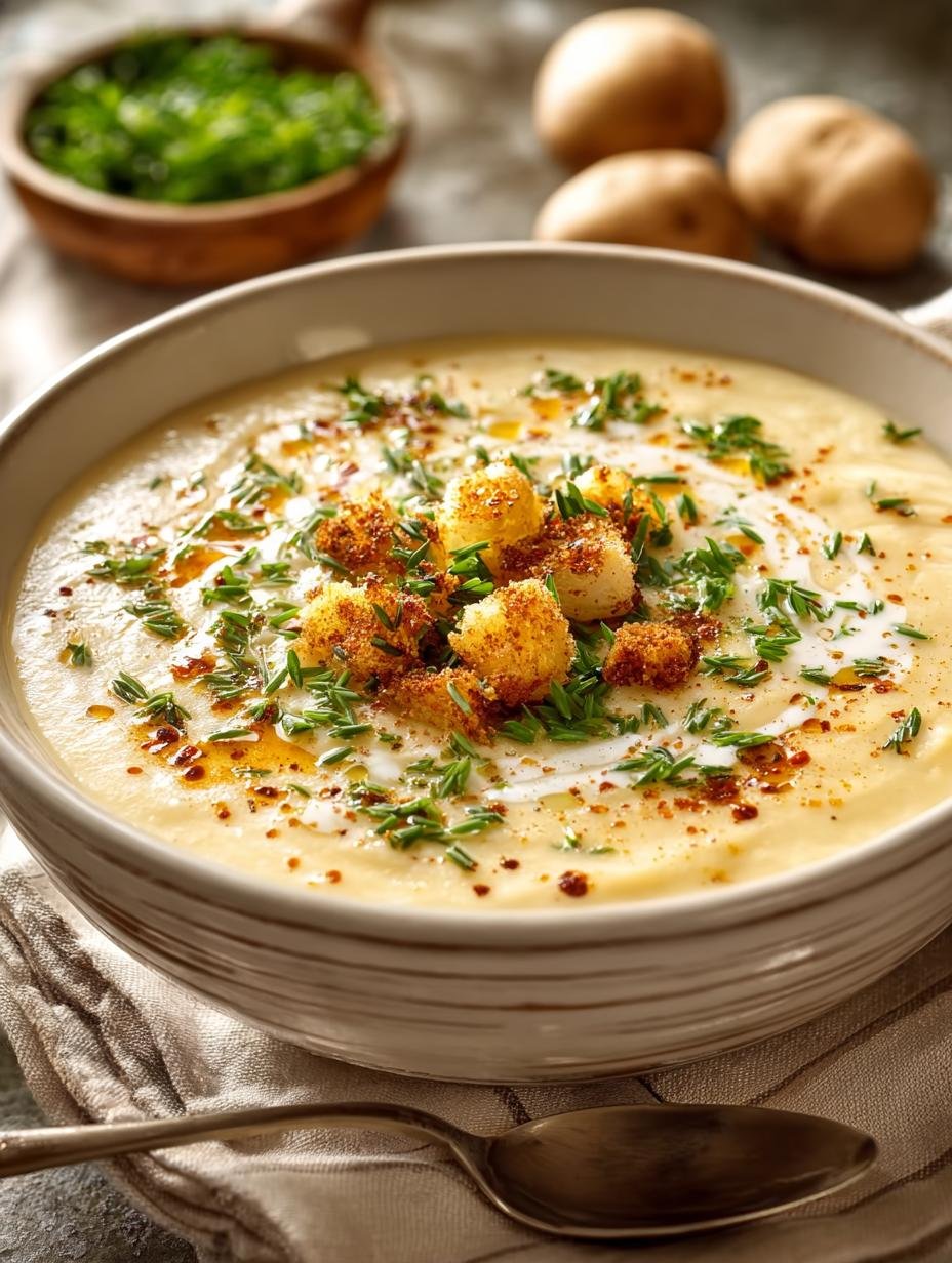Kom met Klassieke Kartoffelcremesuppe Waermend Einfach, gegarneerd met peterselie en een lepel, klaar om te serveren