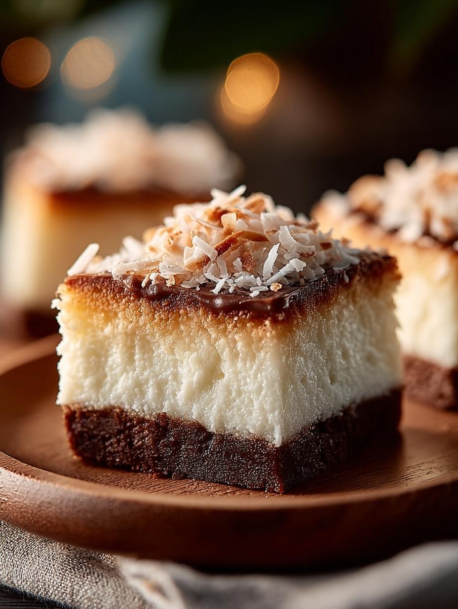 Close-up van een perfect gesneden Kokosnuss Riegel Rezept Suesse, met de romige kokosvulling en chocoladelaag