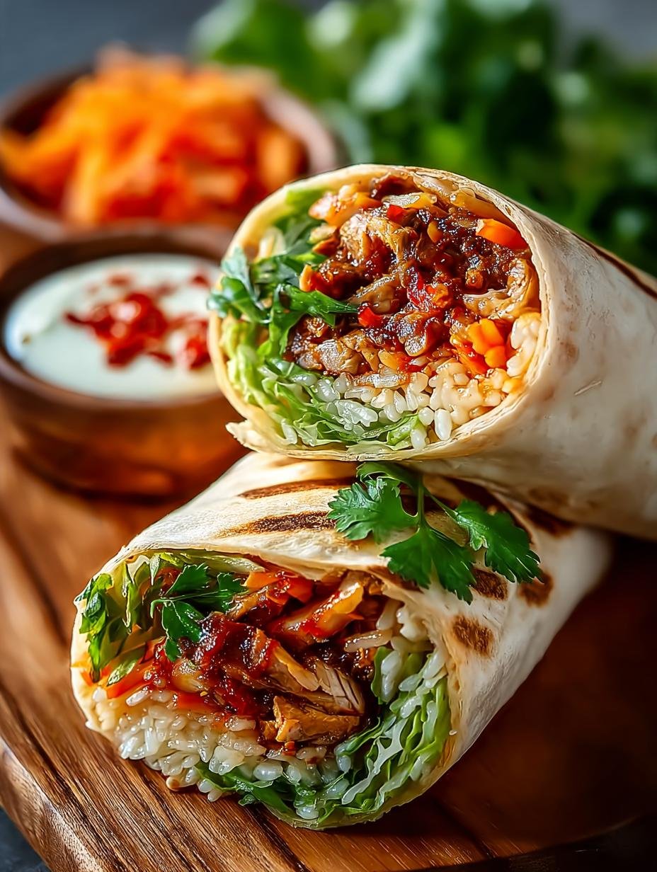 Close-up van een perfect opgerolde Koreaanse Burrito, gevuld met malse varkensschouder, kimchi en verse kruiden
