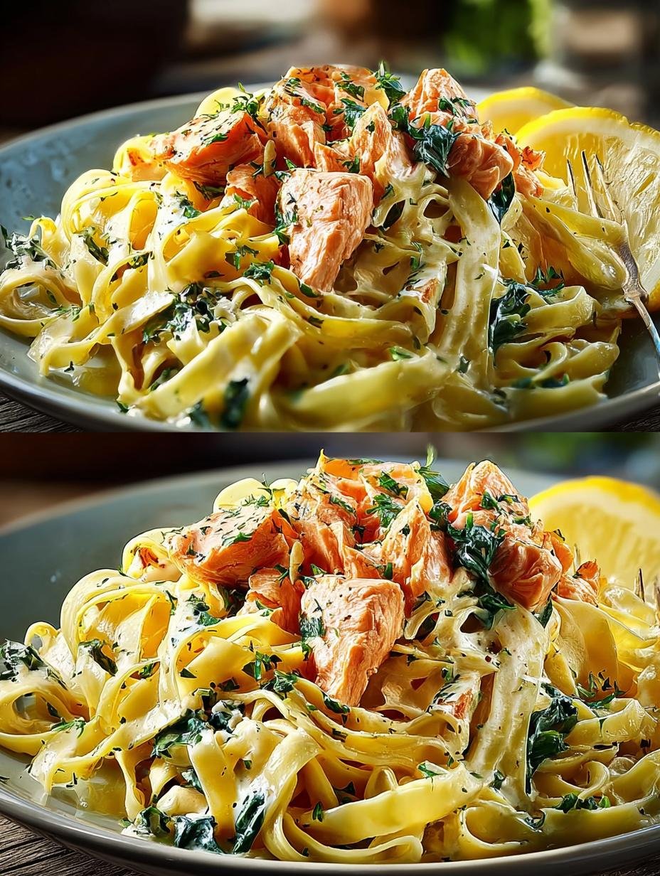 Heerlijk Lachs Rezept Mit Cremiger met verse zalm en romige saus, geserveerd met tagliatelle en peterselie