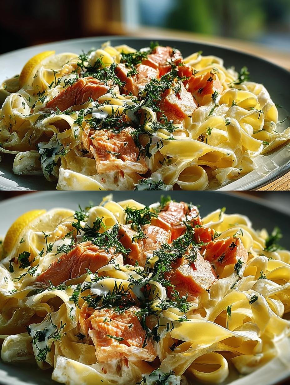 Close-up van een portie Lachs Rezept Mit Cremiger met romige saus, zalm en verse kruiden