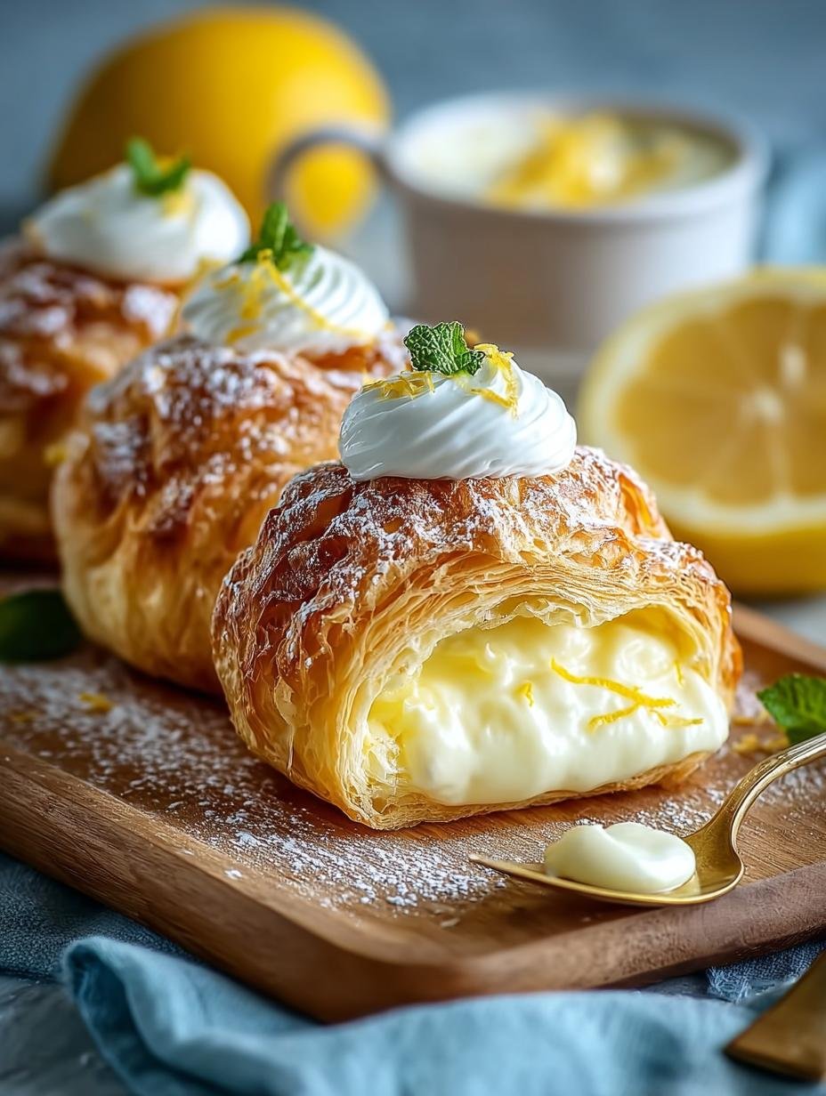 Close-up van een perfect gebakken Lemon Cream Cheese Puff, met goudbruin bladerdeeg en een romige citroenroomkaasvulling, klaar om te serveren