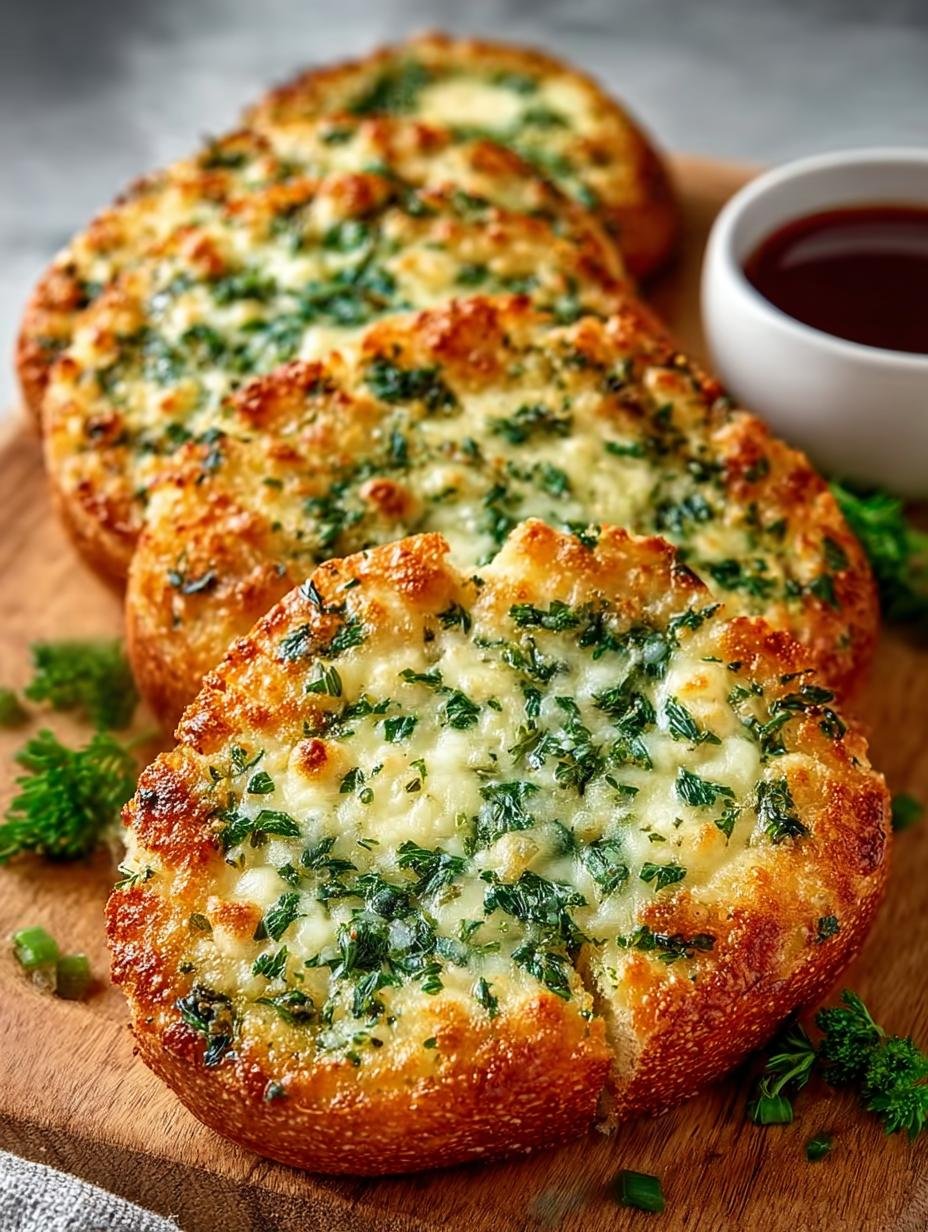 Close-up van Low Carb Knoblauchbrot Keto met gesmolten kaas en verse kruiden