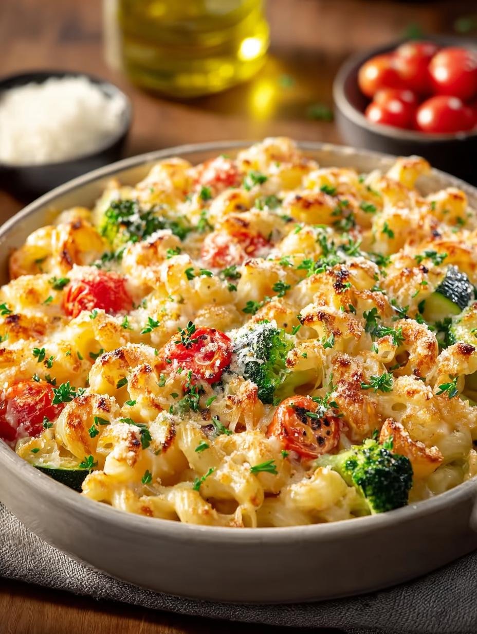 Mac Cheese Mit Gemuese: Een close-up van de romige Mac Cheese met zichtbare stukjes courgette, wortel en paprika.