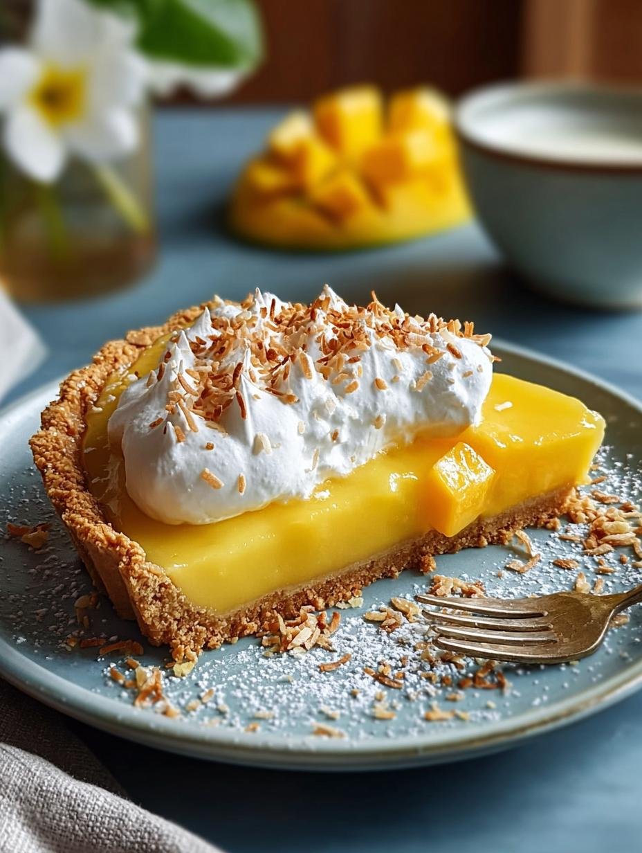 Heerlijke Mango Kokos taart met romige vulling en luchtige meringue, perfect voor een tropische traktatie