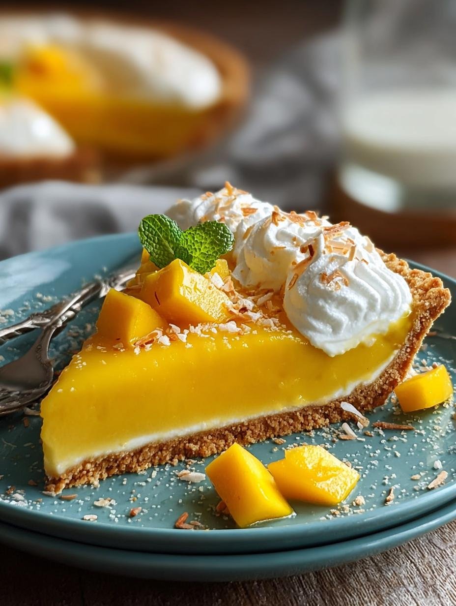 Close-up van een perfect gesneden stuk Mango Kokos taart, met lagen van korst, vulling en meringue