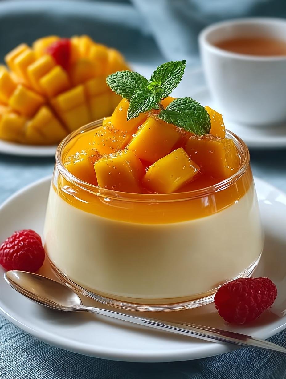 Close-up van een romige Mango Pudding in een glazen kom, met een lepel erin, klaar om van te genieten.