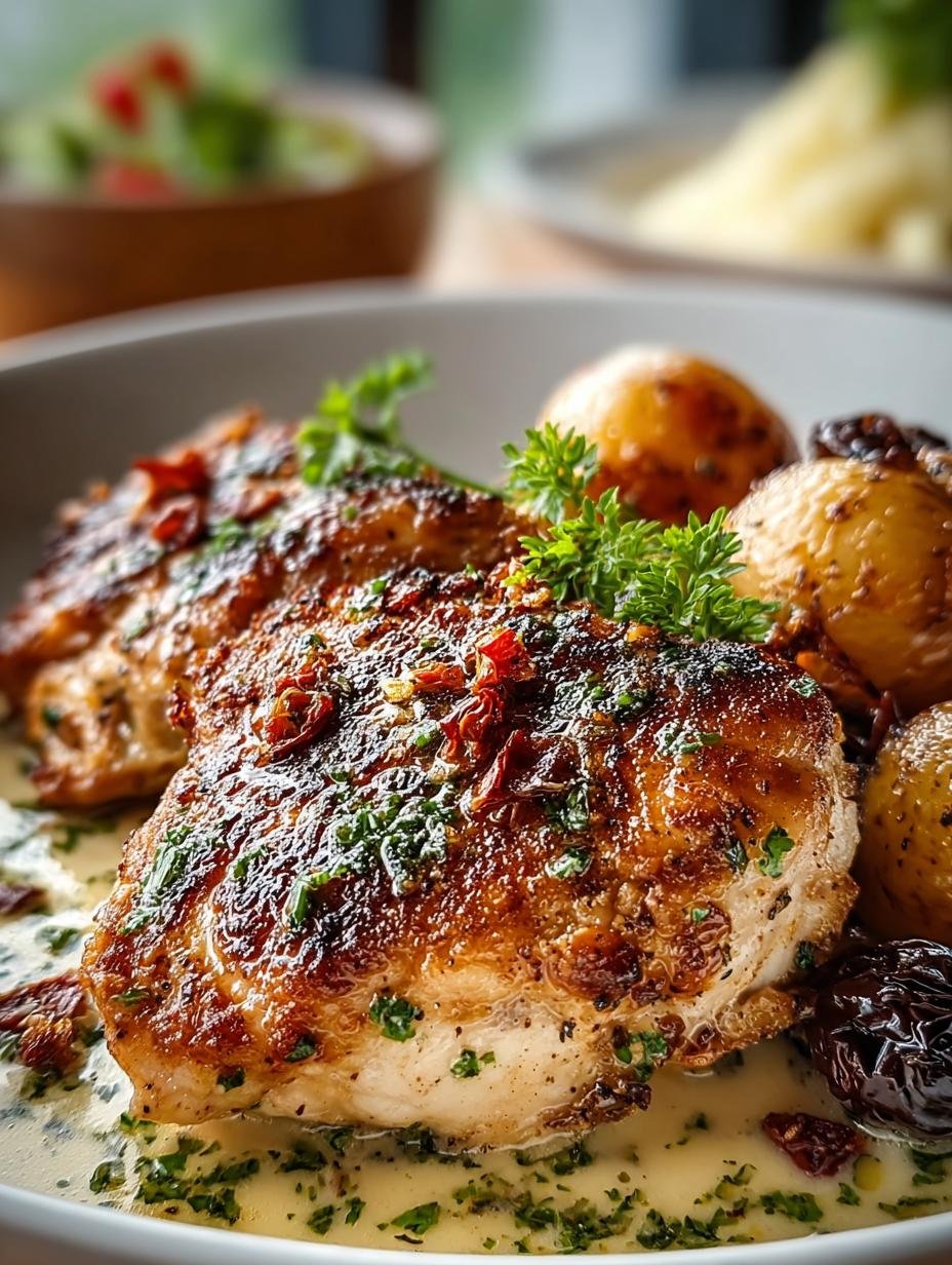 Close-up van Marry Chicken met romige saus, zongedroogde tomaten en peterselie, perfect voor een snelle maaltijd
