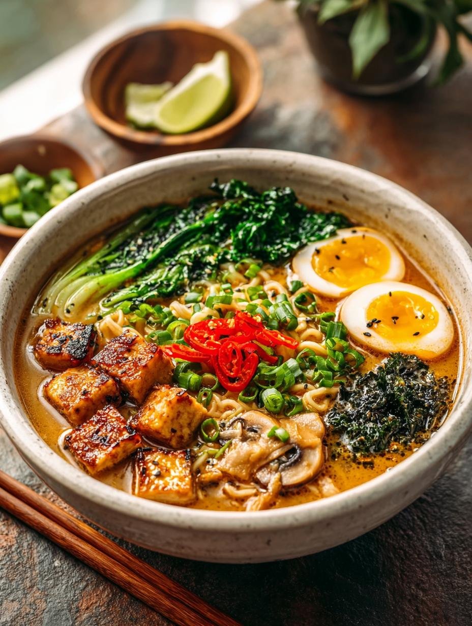 Close-up van romige Miso Erdnuss Ramen Cremig met noedels en groenten, klaar om te eten