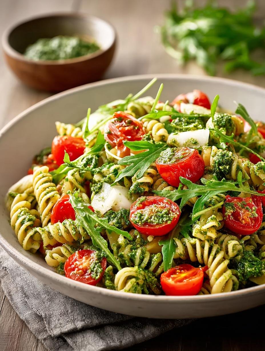Verfrissende Nudelsalat Met Pesto Rucola, perfect voor een zomerse dag