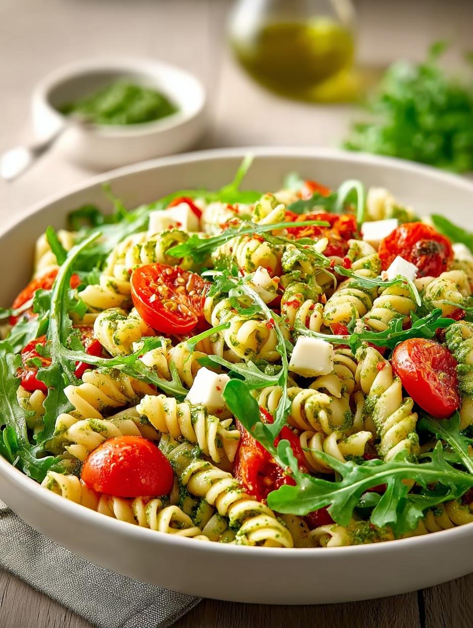 Close-up van Nudelsalat Met Pesto Rucola met verse cherrytomaten en rucola