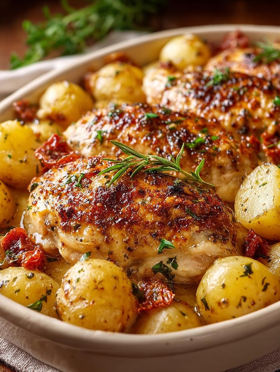 Close-up van een portie Ofenhähnchen Met Kartoffeln Einfach, met malse kip en knapperige aardappelen