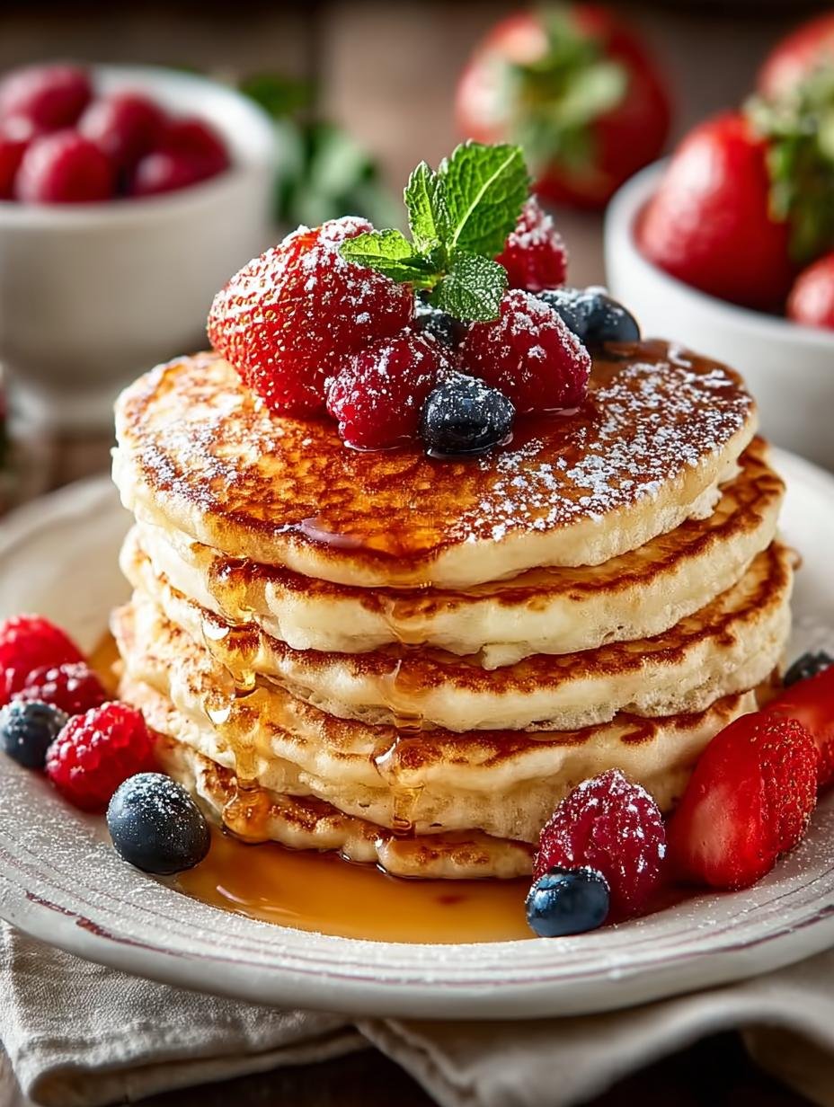 Heerlijke stapel Omas Einfaches Pfannkuchen Rezept met poedersuiker en fruit, klaar om te eten