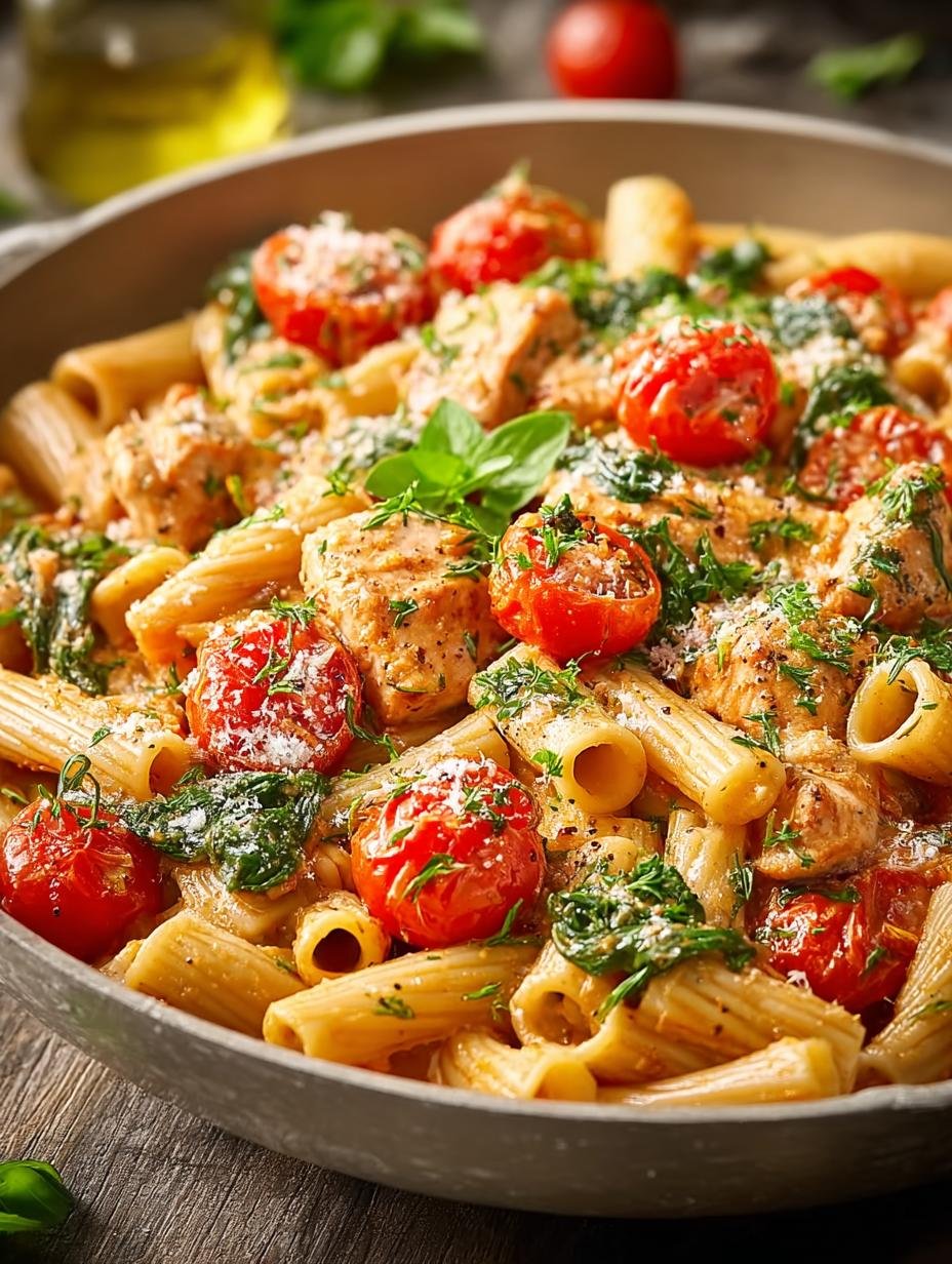 Heerlijke romige One Pot Pasta Mit met kip en verse kruiden, klaar om te serveren