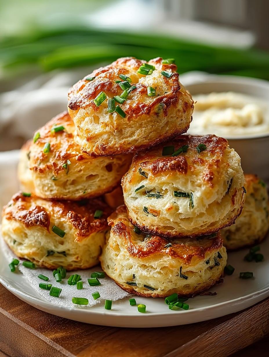 Close-up van de bladerige textuur van Uien-Bieslookkoekjes, met zichtbare stukjes ui en bieslook.