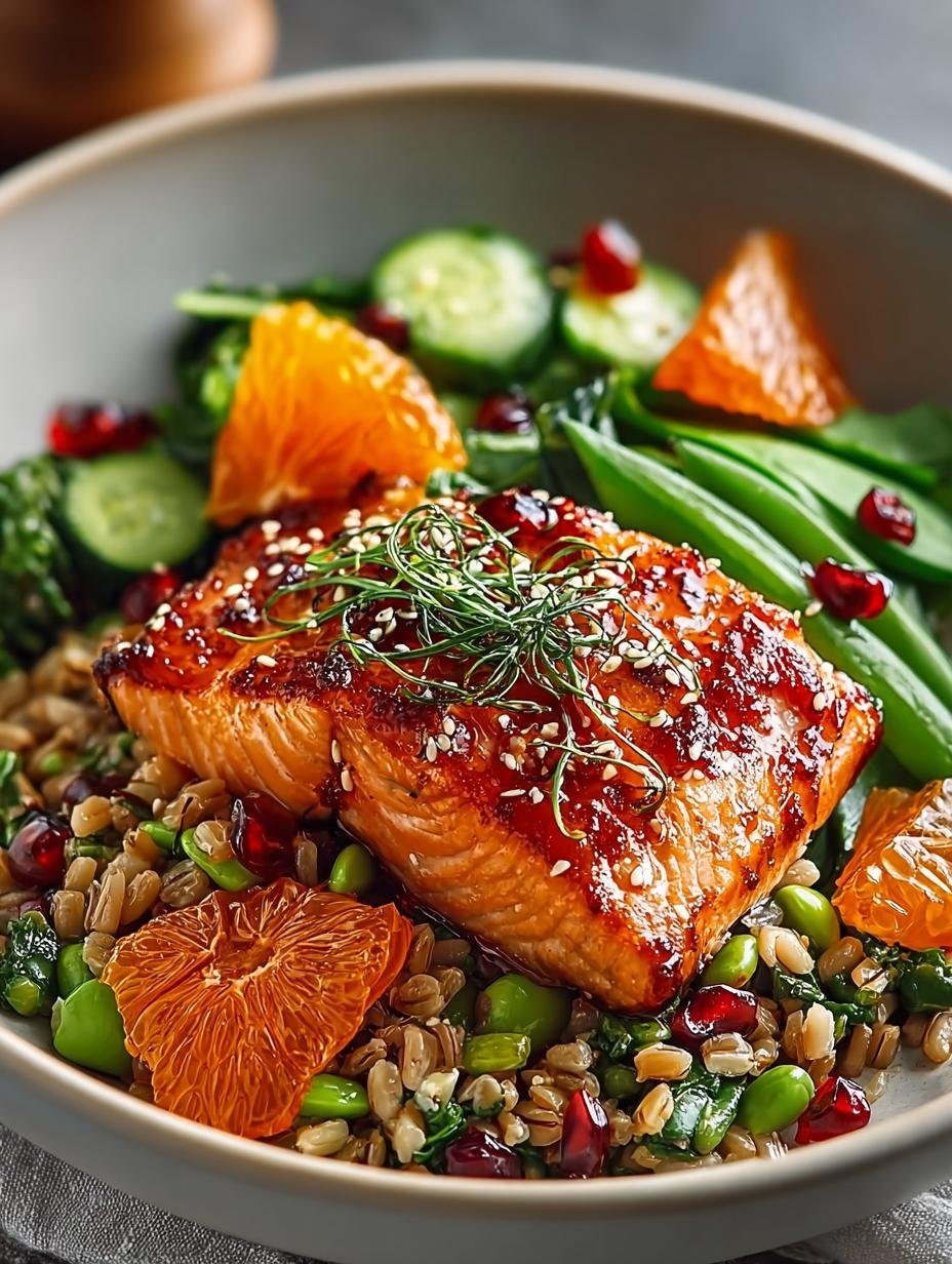 Close-up van een Orange Salmon Bowl with, met perfect gegaarde zalm en glanzende sinaasappelsaus