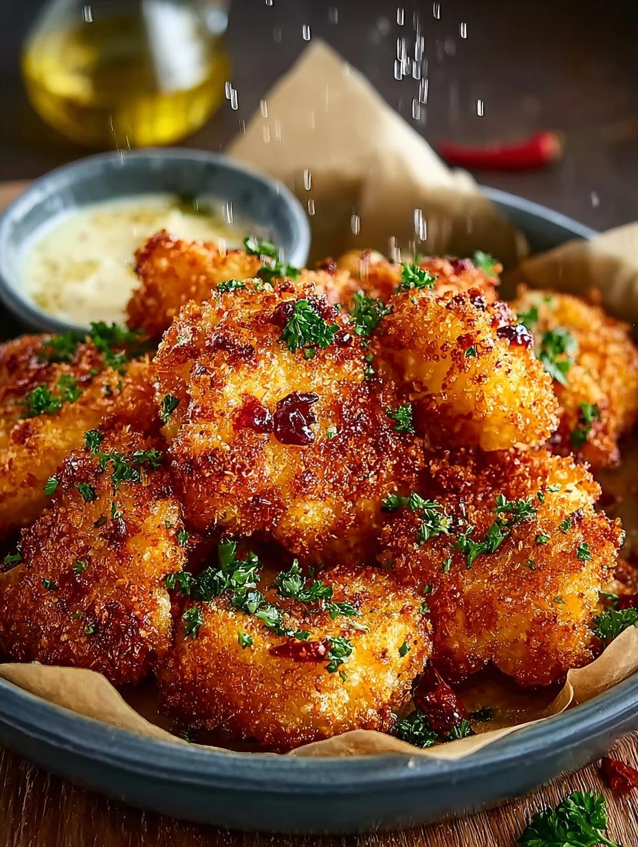 Close-up van perfect gebakken Panierter Blumenkohl Aus Dem roosjes, goudbruin en knapperig, klaar om te serveren.