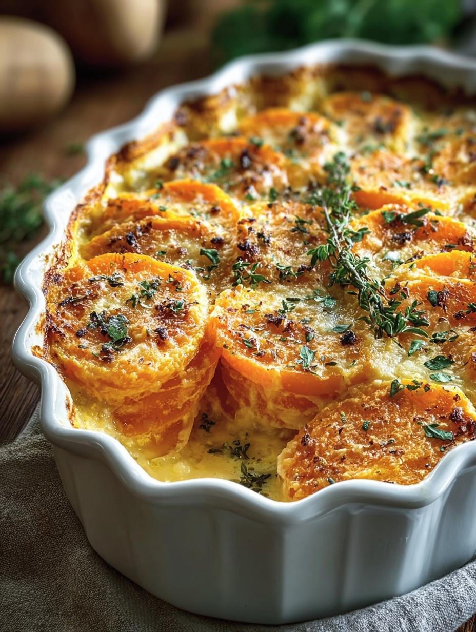 Verrukkelijke Parmezaanse Pompoengratin, goudbruin gebakken met gesmolten kaas en verse peterselie, klaar om te serveren