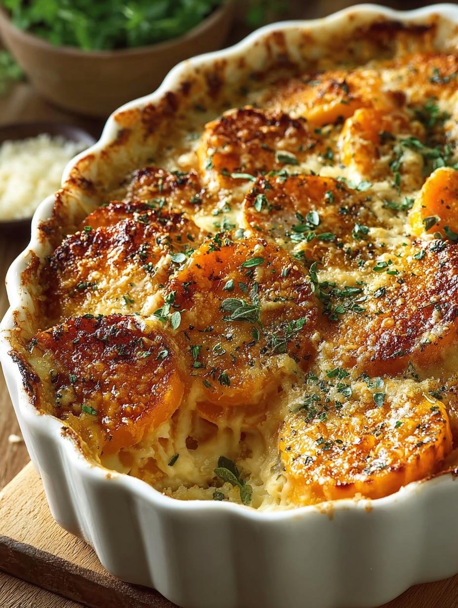 Close-up van een portie Parmezaanse Pompoengratin, met de goudbruine korst en romige pompoenlagen, klaar om te eten