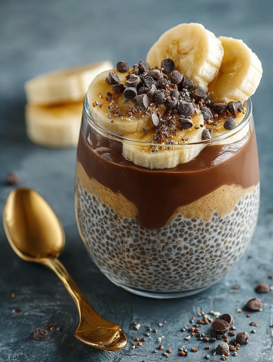 Heerlijke Pindakaas Banaan Chocolade chia pudding met verse banaan en chocolade chips