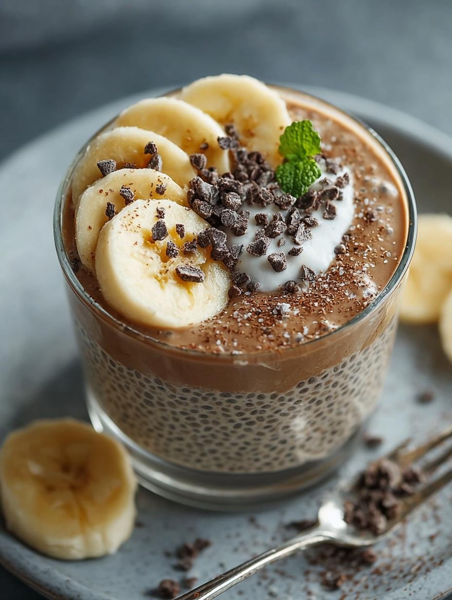Romige Pindakaas Banaan Chocolade pudding met toppings van banaan en chocolade