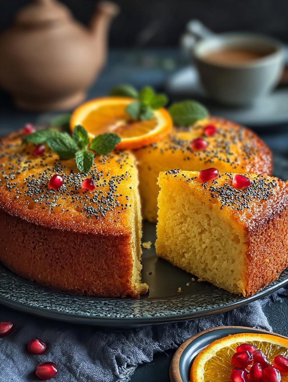 Verrukkelijke Perzische Sinaasappelcake met kardemom en maanzaad, perfect gebakken en klaar om te serveren