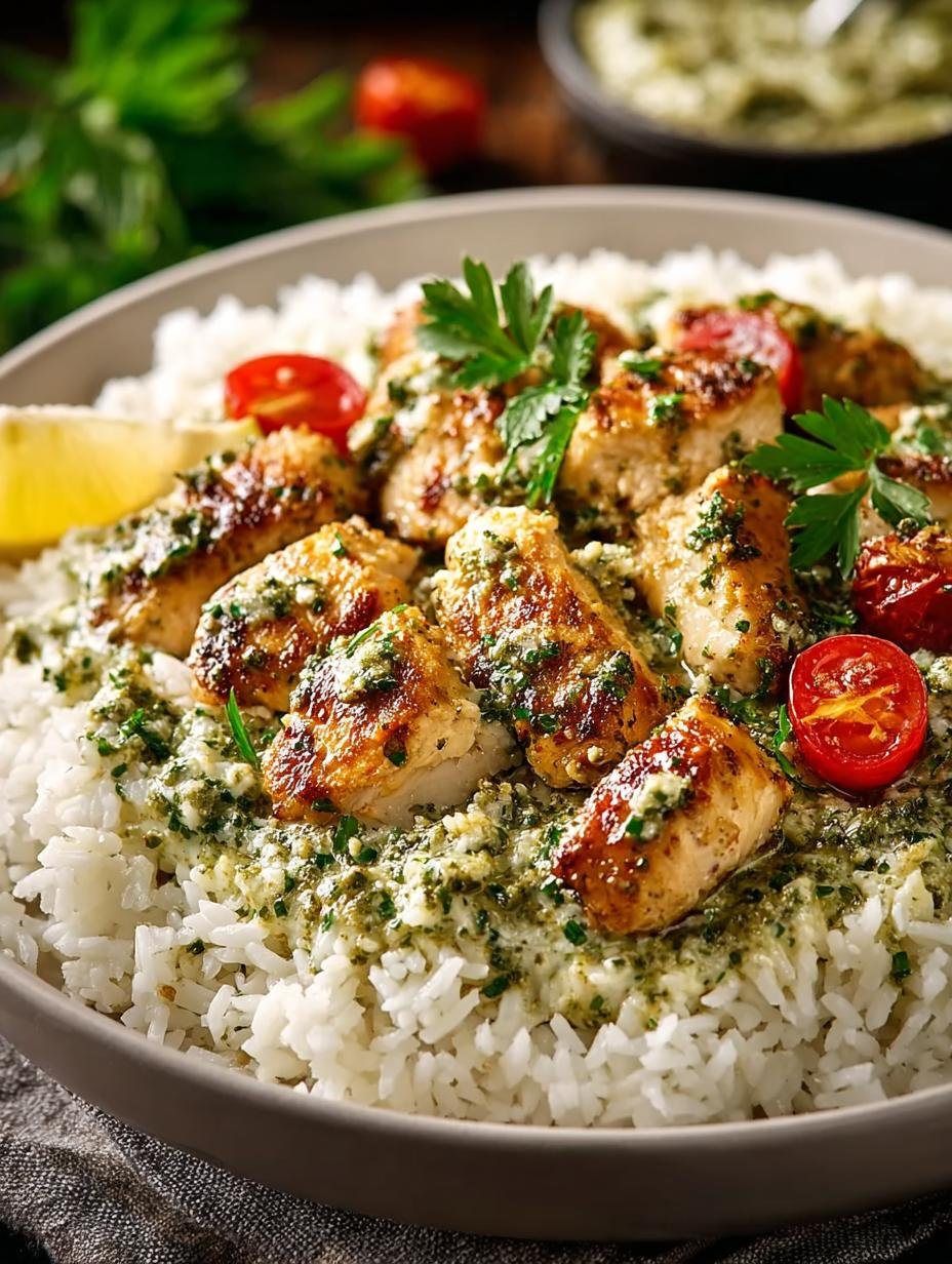 Verrukkelijke Pesto Haehnchen Mit Reis, romige kip en rijst met verse basilicum