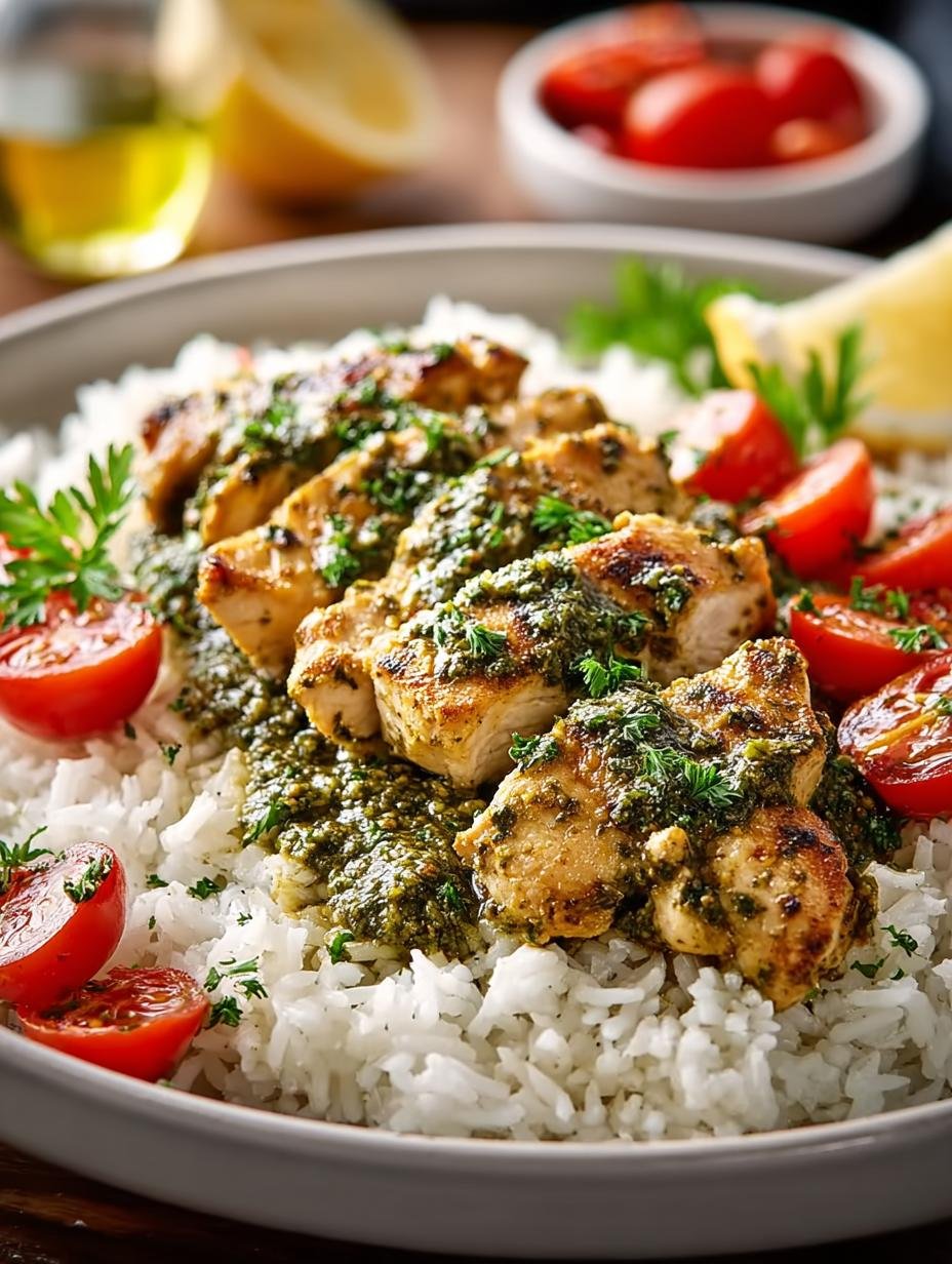 Heerlijke Pesto Haehnchen Mit Reis, close-up van romige kip en rijst
