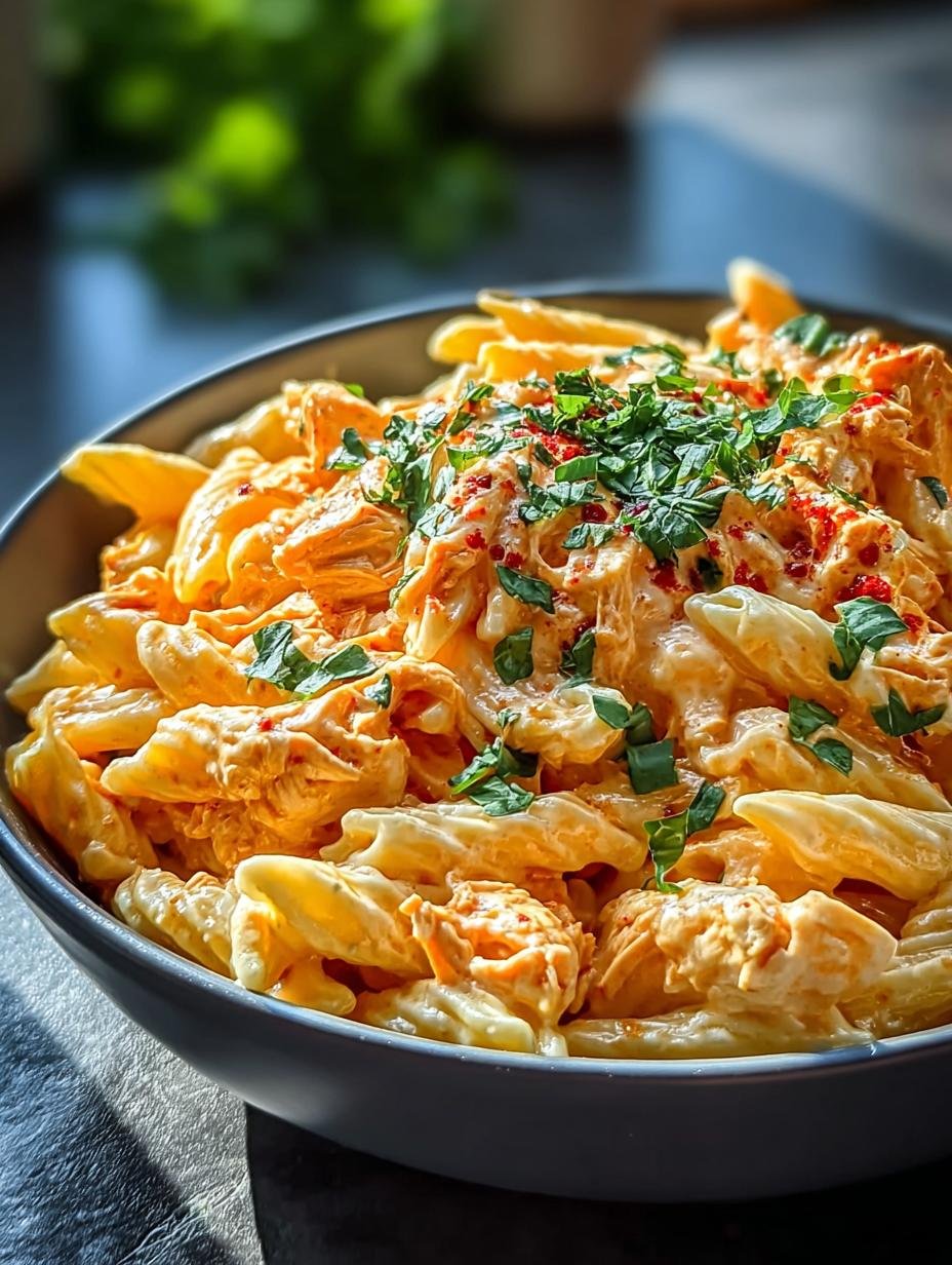 Verrukkelijke Pot Buffalo Chicken Pasta met romige saus en malse kip, klaar om te serveren