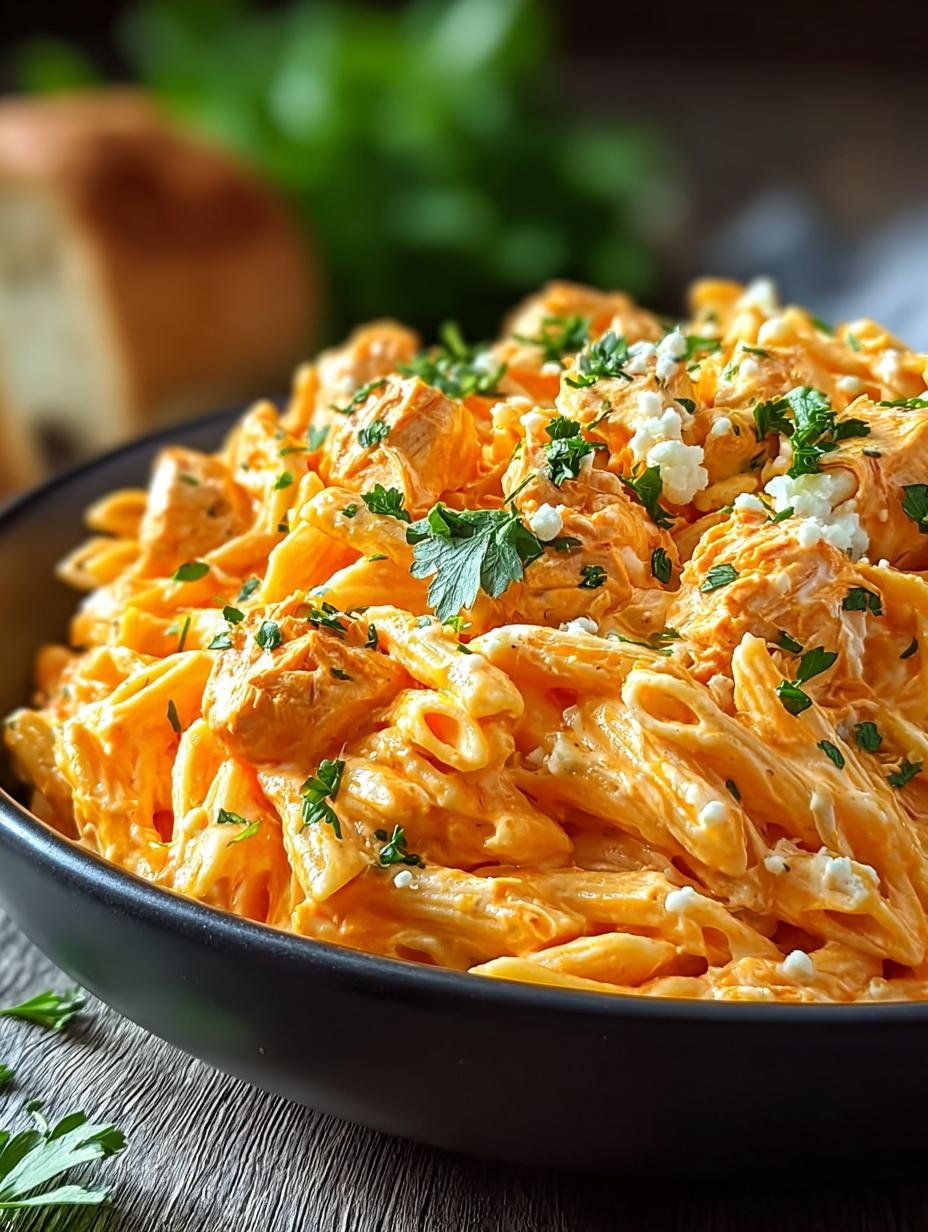 Close-up van romige Pot Buffalo Chicken Pasta met gesmolten cheddar en verse lente-ui