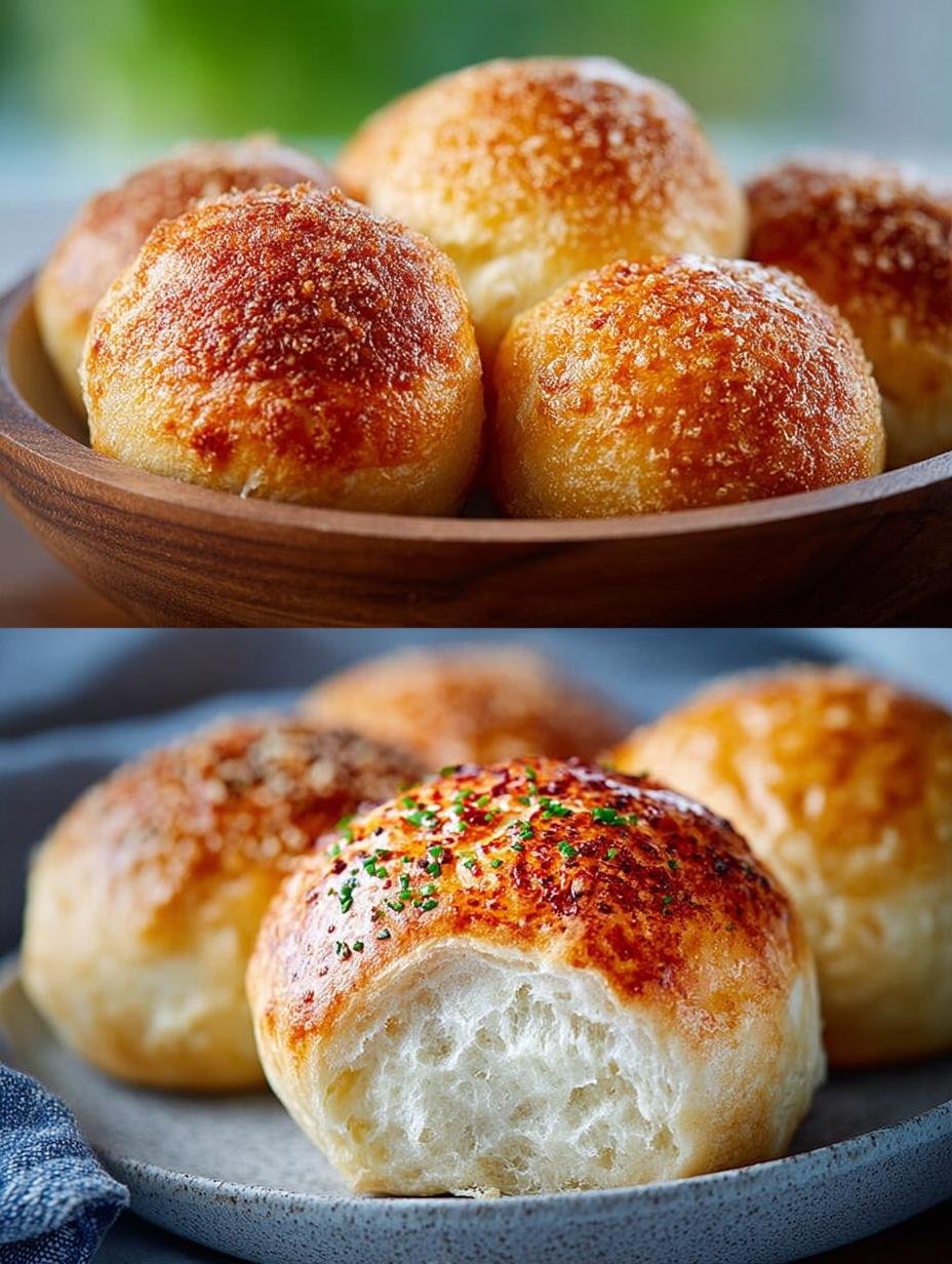 Heerlijke goudbruine Quarkbrotchen Aus Der Heisluftfritteuse vers uit de airfryer, bestrooid met poedersuiker op een houten plank