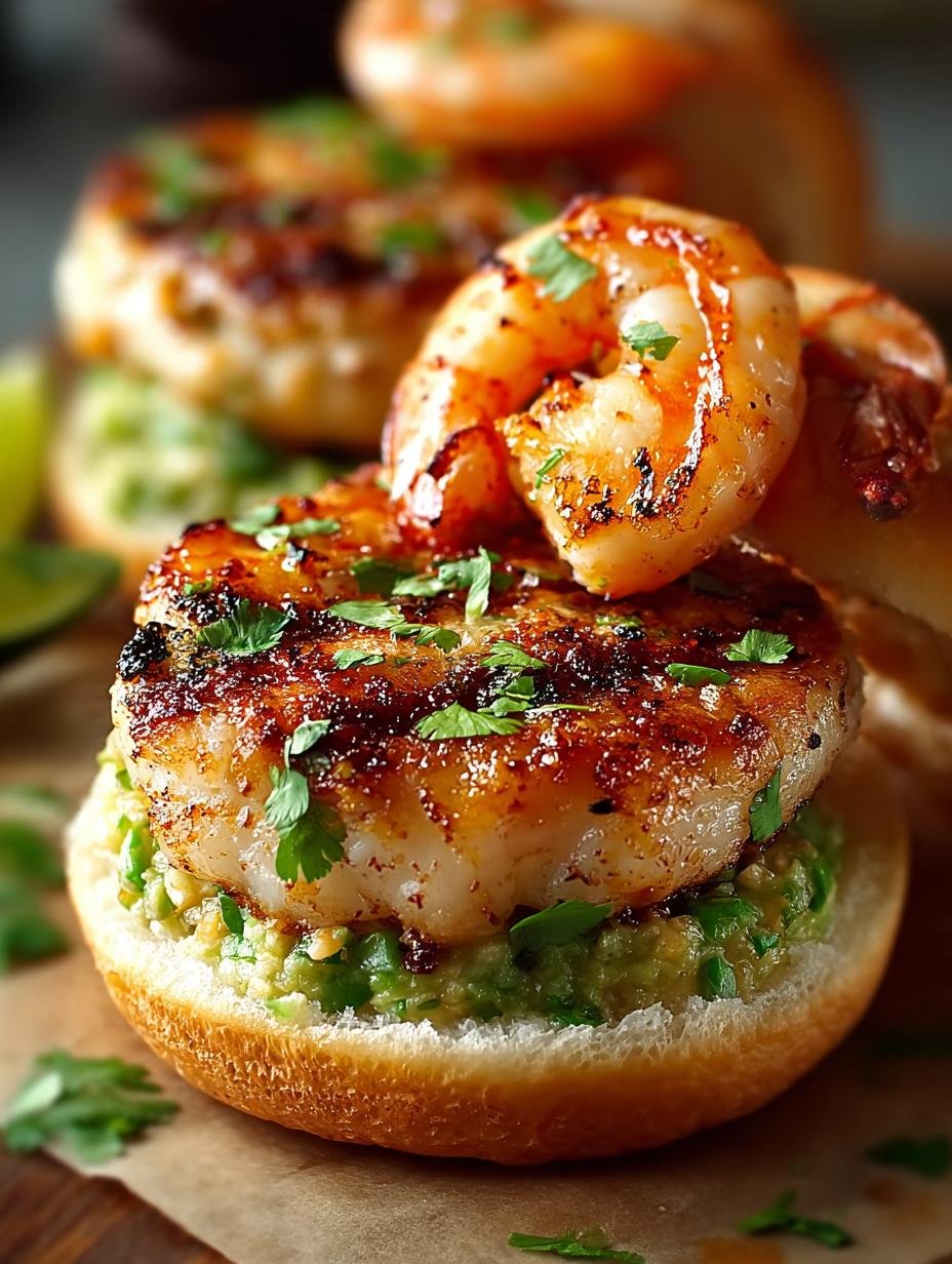 Verrukkelijke Garnalenburgers met Koriander geserveerd op een broodje met verse guacamole en sla, klaar om te eten.