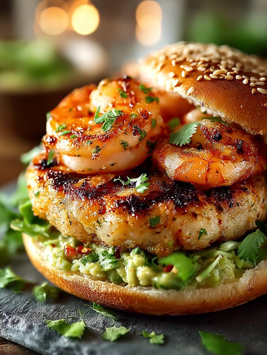 Close-up van een perfect gegrilde Garnalenburger met Koriander, met een goudbruine korst en verse kruiden.