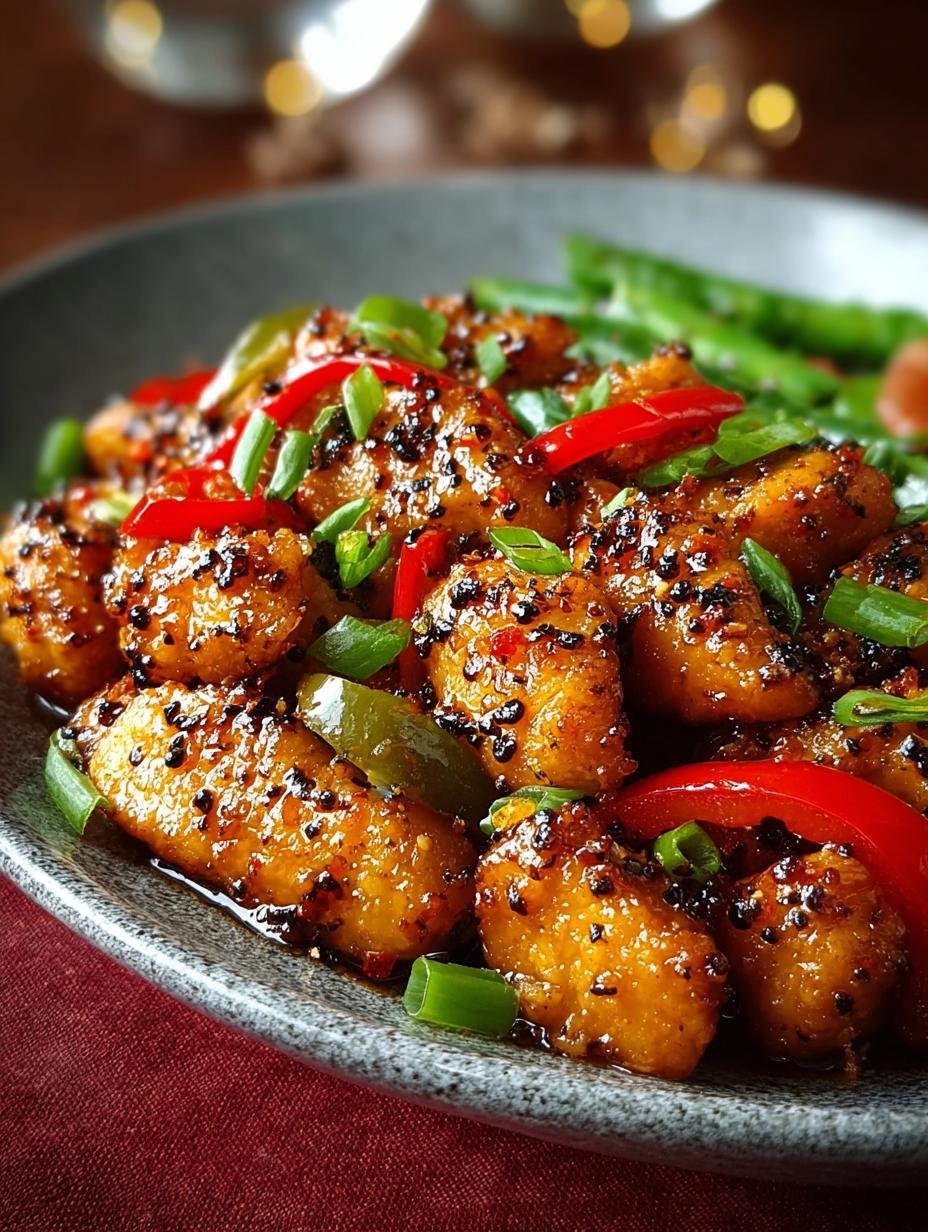 Close-up van perfect gefrituurde Pittige Zwarte Peper Kip met knapperige coating