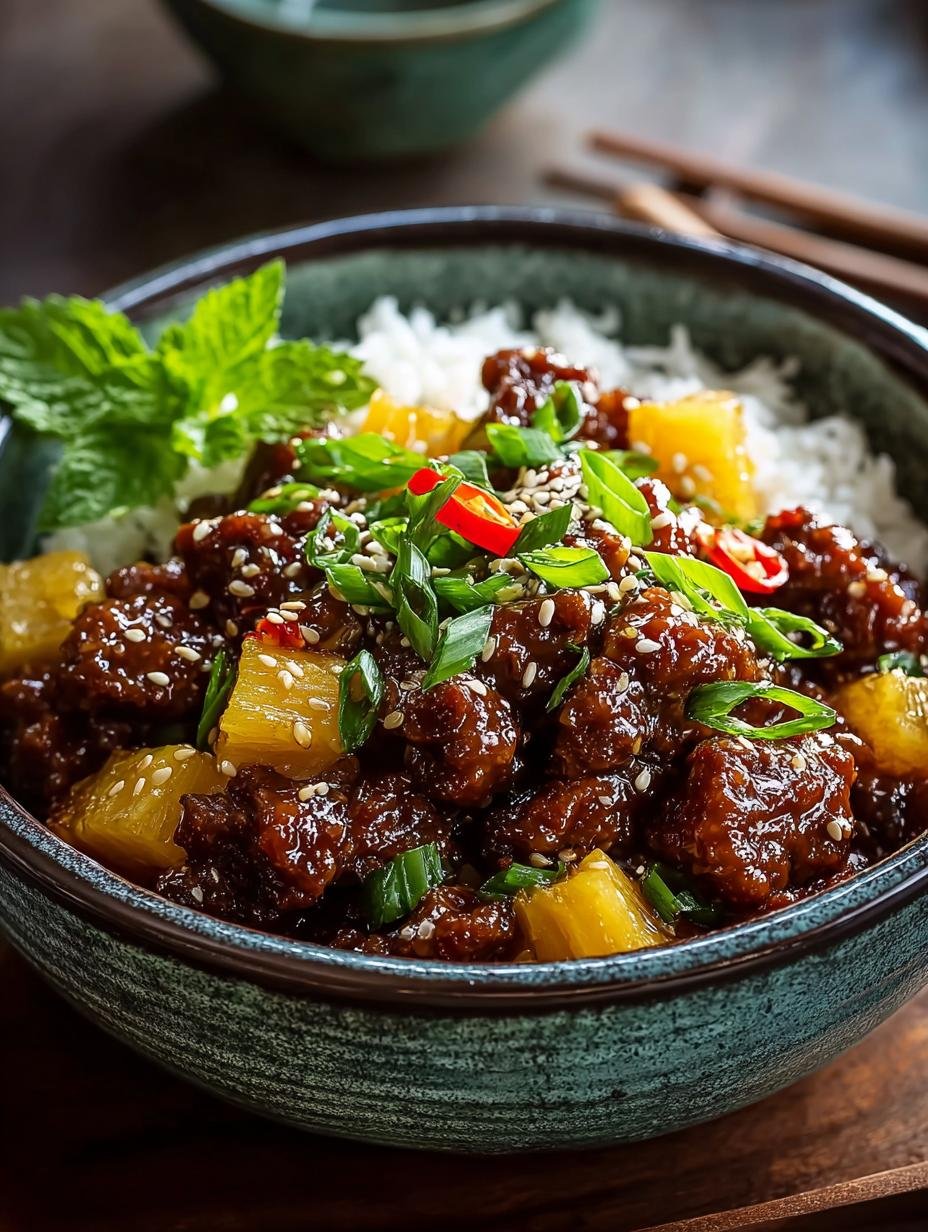 Heerlijke Sticky Gember Sesam Ananas met rundergehakt en broccoli geserveerd over rijst