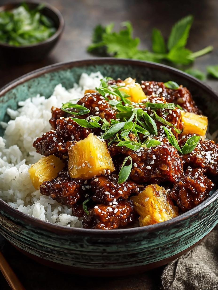 Close-up van Sticky Gember Sesam Ananas met verse koriander en sesamzaadjes