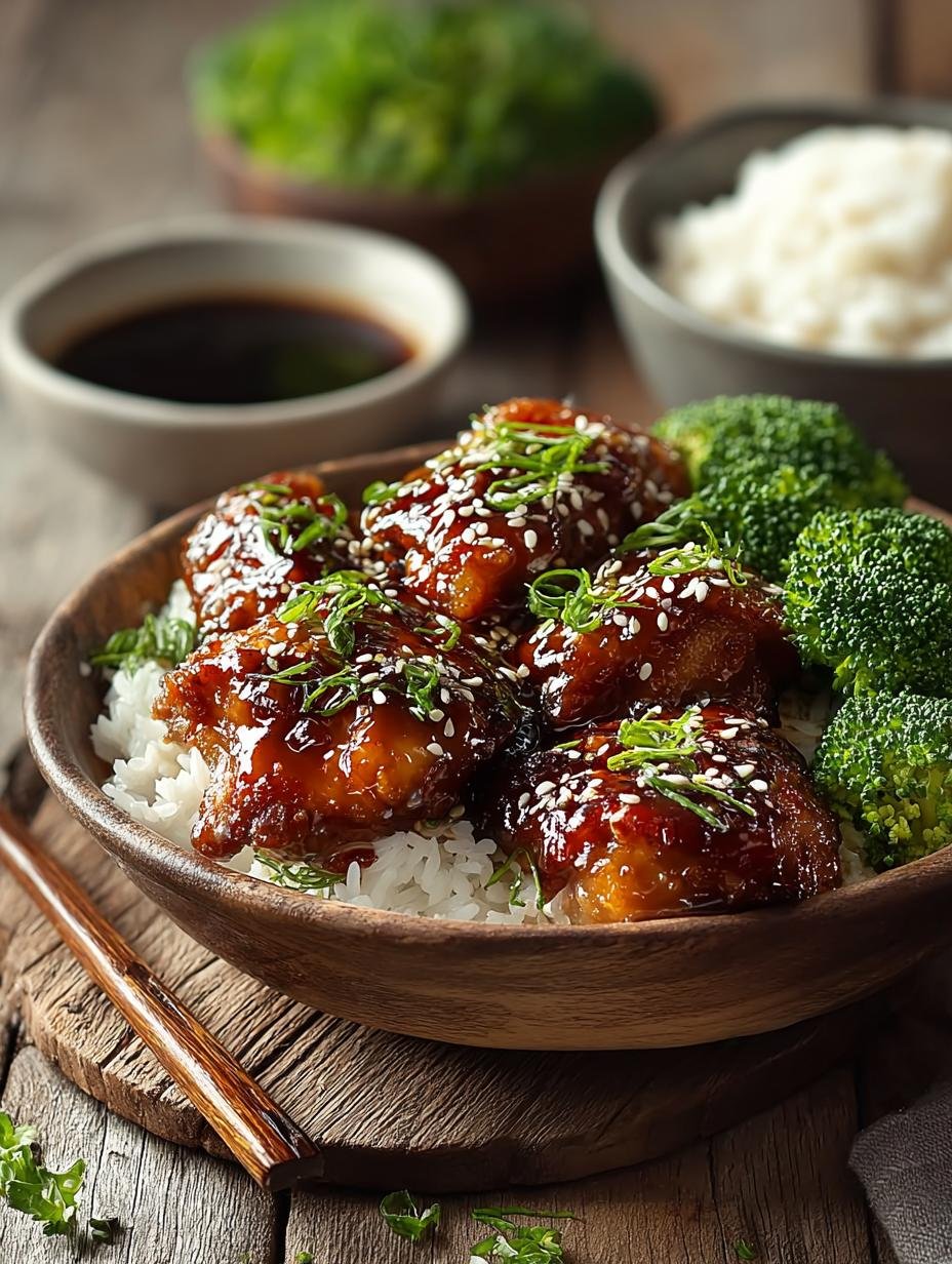 Heerlijke Sticky Teriyaki Chicken Thighs geserveerd met rijst en broccoli, klaar om te eten.