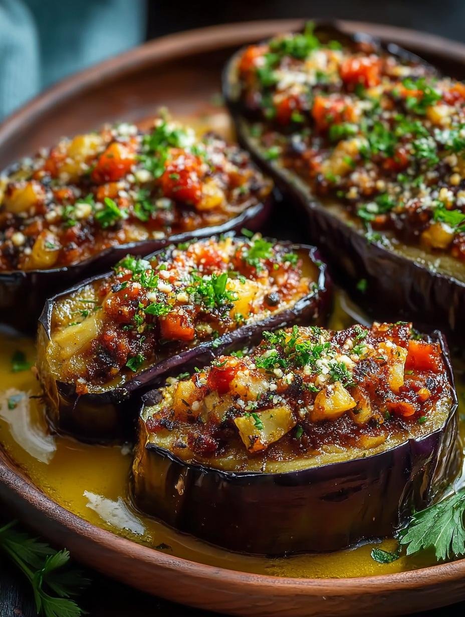 Heerlijke, makkelijke gevulde aubergine met gesmolten kaas en verse kruiden, klaar om te serveren
