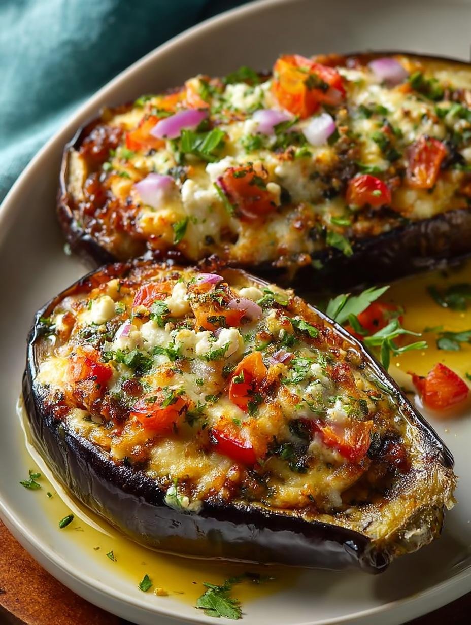 Close-up van perfect gebakken gevulde aubergine met goudbruine kaas en verse basilicum garnering