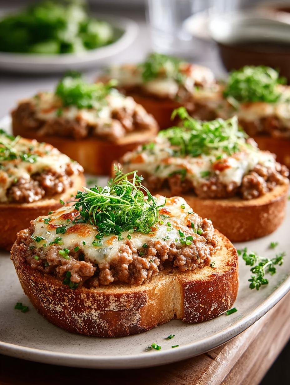 Heerlijke Supersnelle Hackfleisch Toasts Einfach, goudbruin gebakken met gesmolten kaas en kruidig gehakt, klaar om te serveren