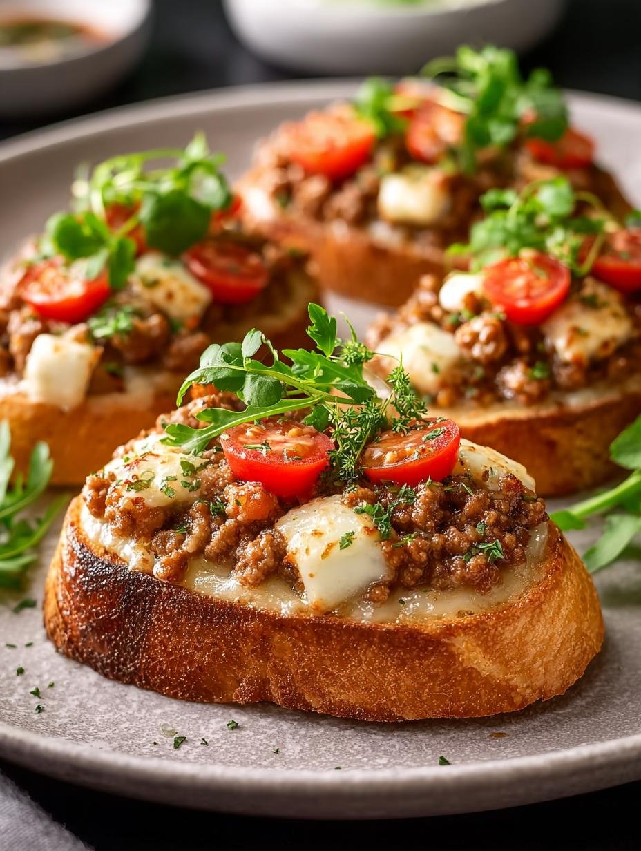 Close-up van Supersnelle Hackfleisch Toasts Einfach met gesmolten kaas en verse peterselie, perfect voor een snelle maaltijd