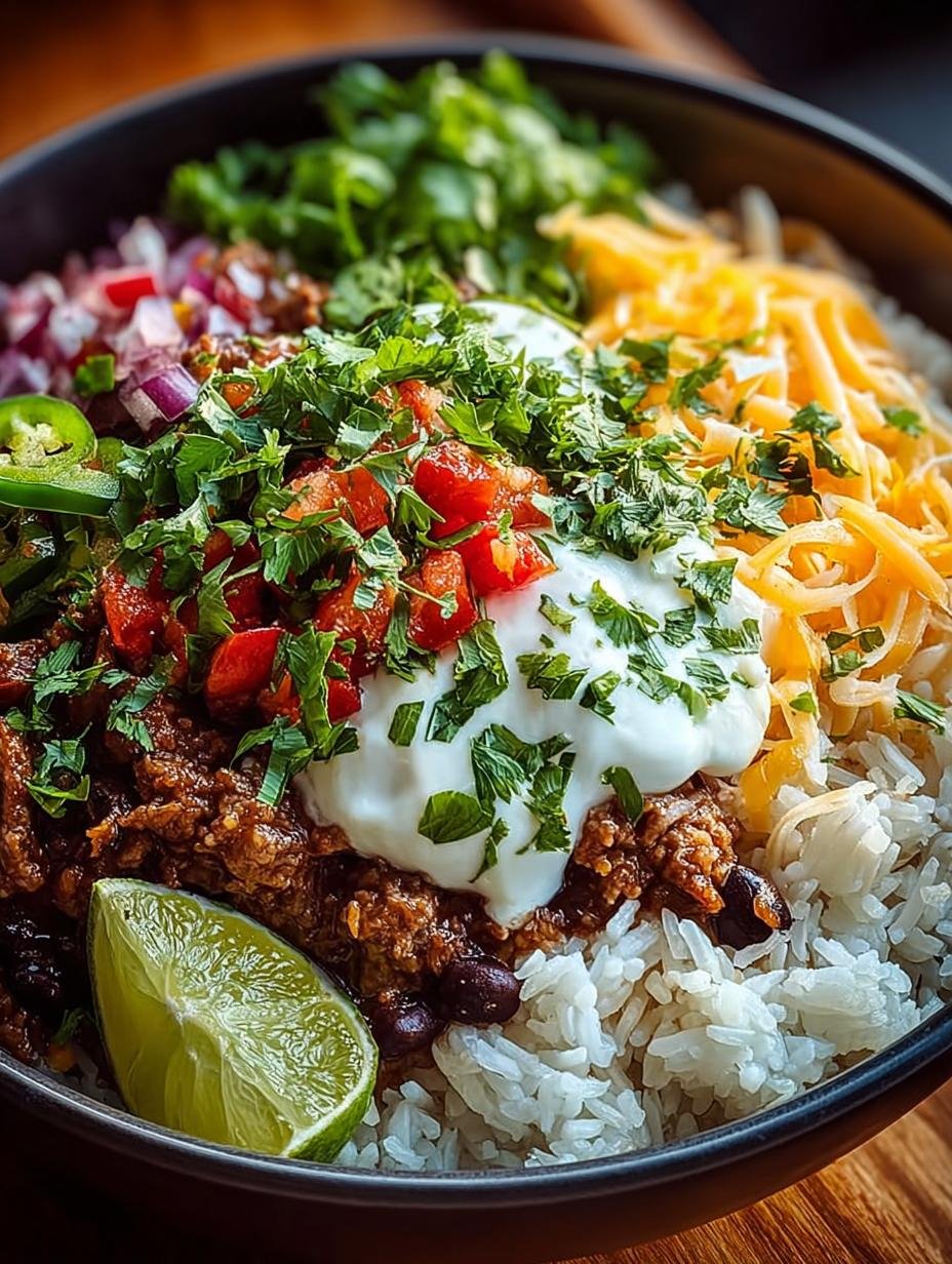 Heerlijke en kleurrijke Taco Rice Bowl met gekruid gehakt, rijst, bonen, maïs en verse toppings, klaar om te eten