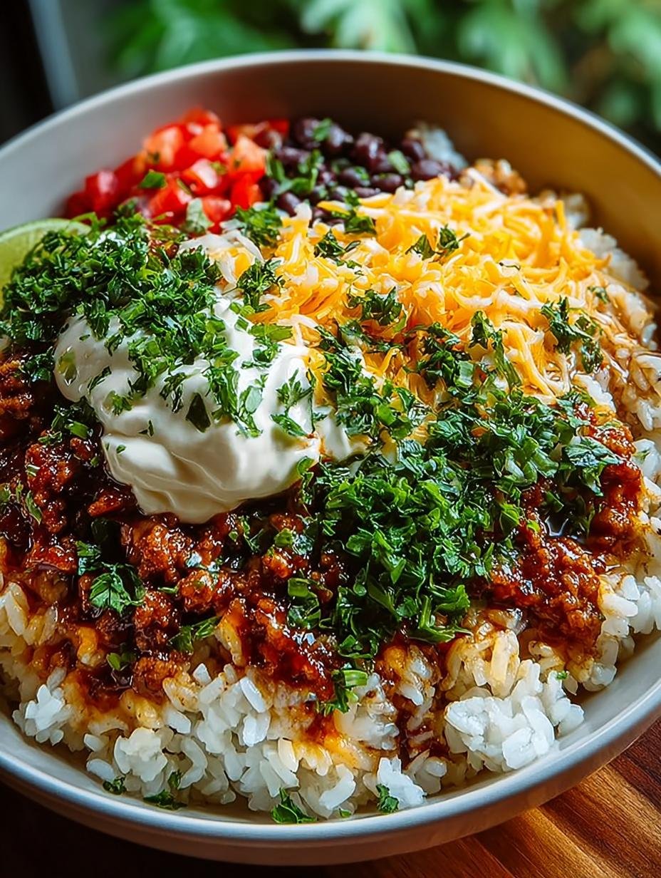 Close-up van een perfect samengestelde Taco Rice Bowl met verse ingrediënten en levendige kleuren