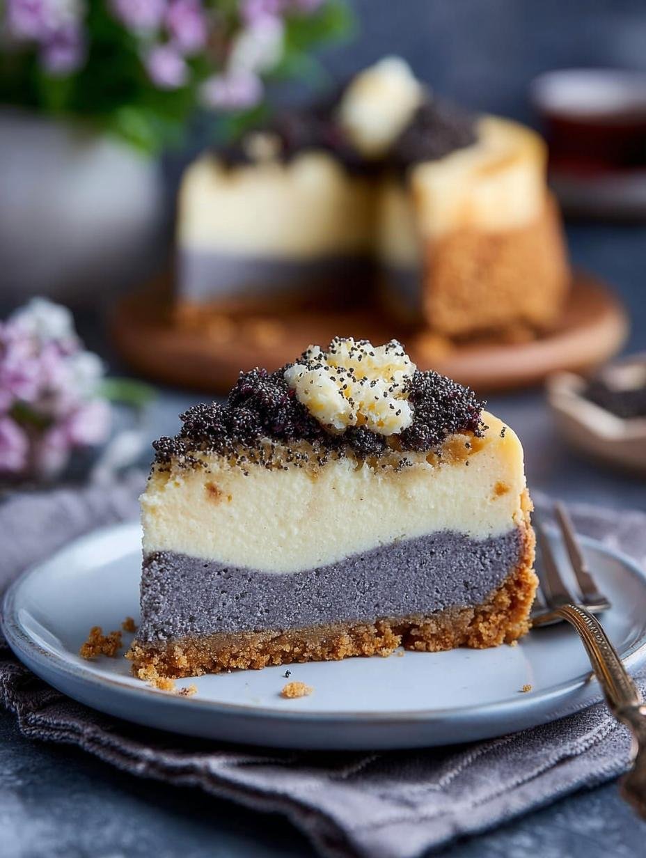Heerlijke Veganer Kasekuchen Mit Mohn met romige vulling en knapperige streusels, klaar om te serveren
