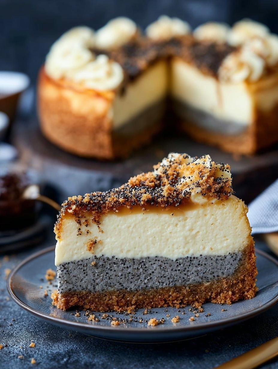 Close-up van een plak Veganer Kasekuchen Mit Mohn met romige vulling, maanzaadlaag en knapperige streusels