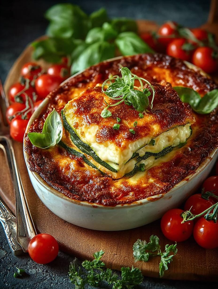 Heerlijke Zucchini Lasagne Low Carb, vers uit de oven, met gesmolten kaas en kruidige gehaktsaus, perfect voor een gezonde maaltijd.